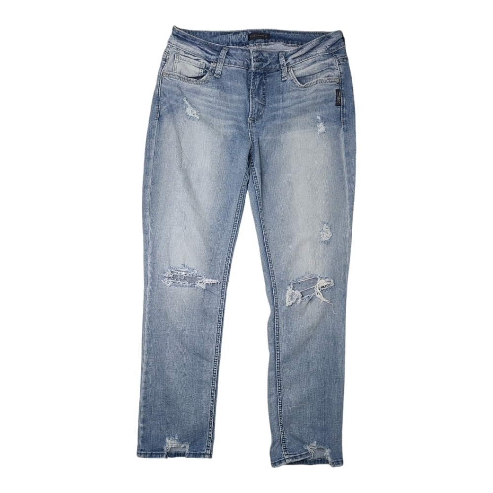 Silver Avery Straight High Rise Crop Distressed Light Wash Jean Size 30